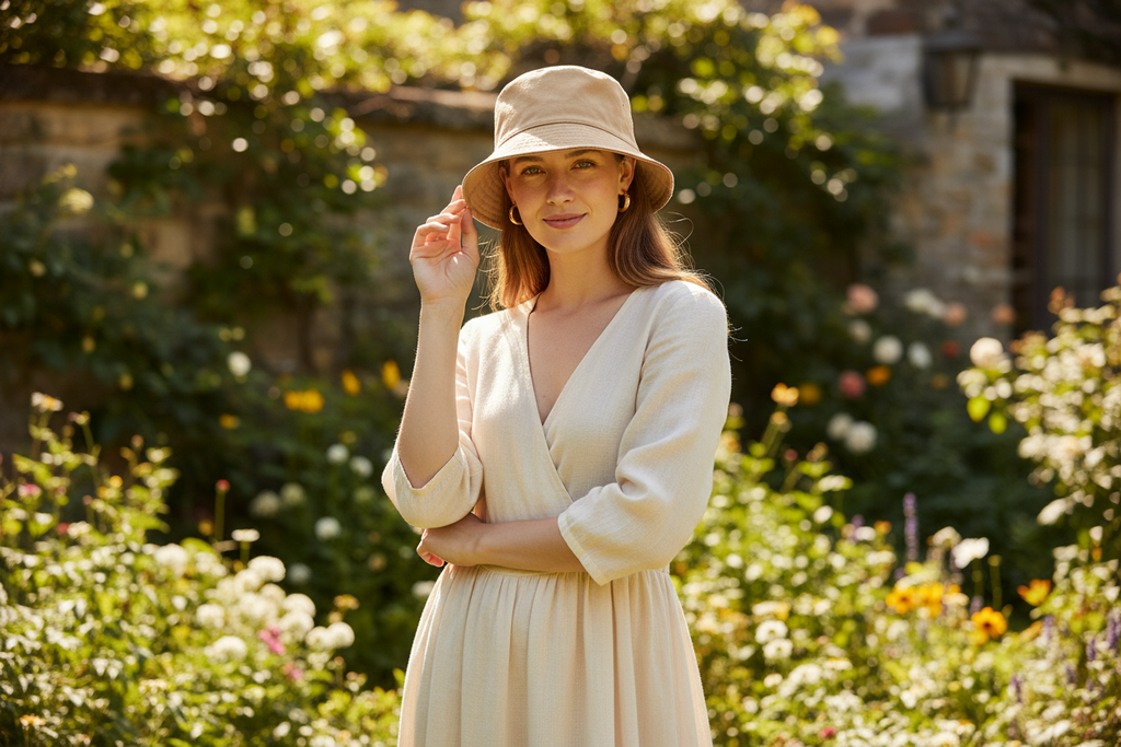 Beige Bucket Hat - Female Model Garden