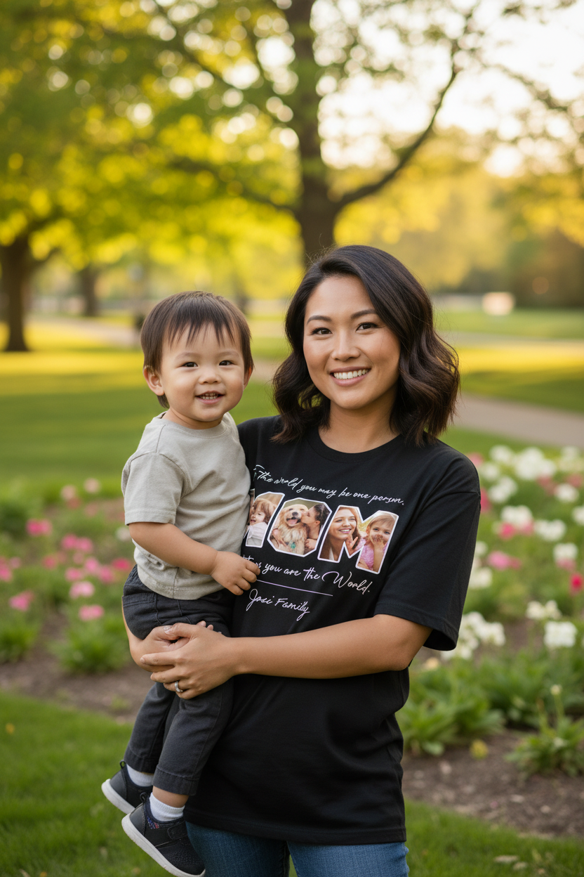 亚洲妈妈抱孩子 户外 MOM Tee