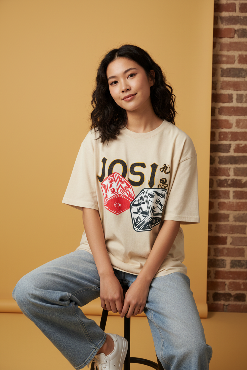 亚洲女模特 米色骰子Tee